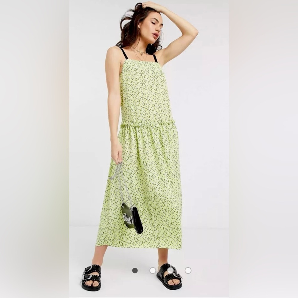 Topshop Women's Tie Strap Floral Ruffle Waist Midi Dress, Green NWOT - Picture 2 of 8